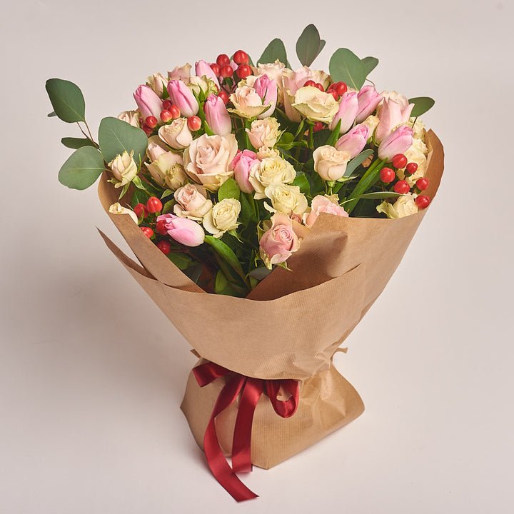 Blushing Bloom- Tulips and Spray Roses By Florist Dubai