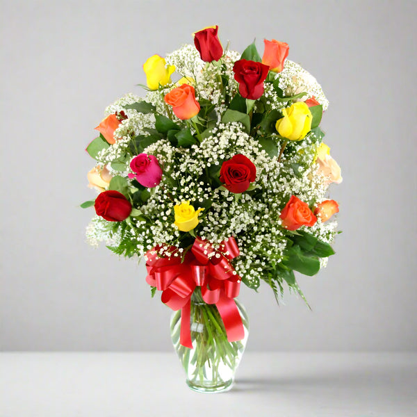 Bouquet of 35 mixed roses in red, yellow, pink, orange, and peach by florist dubai