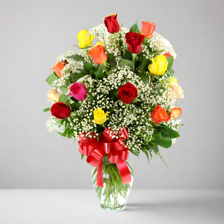 Bouquet of 35 mixed roses in red, yellow, pink, orange, and peach by florist dubai