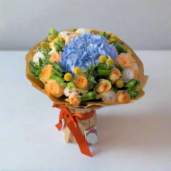 Peach roses and Blue Hydrangea From Best Florist in Dubai