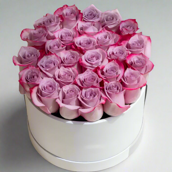 purple roses round box arrangement From Best Florist in Dubai