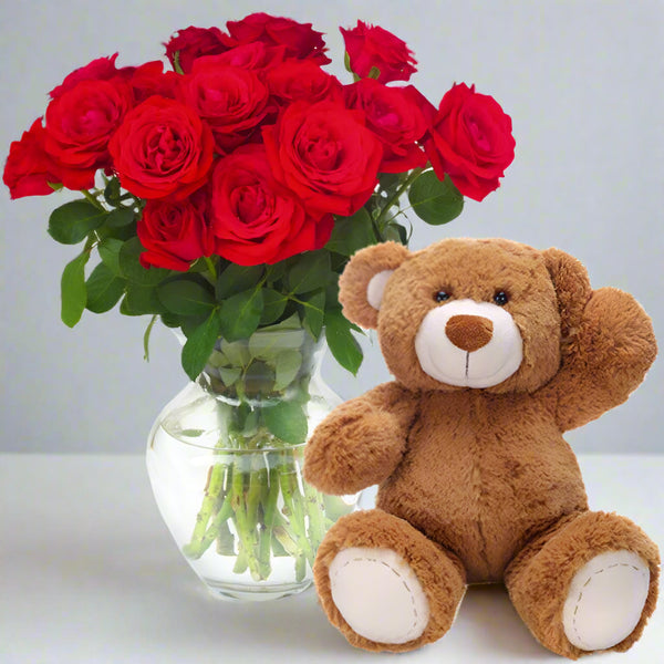 red roses and teddy bear From Best Florist in Dubai